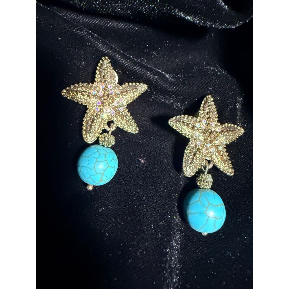 Vintage 1980s Boho Gold Starfish & Turquoise Bead Dangle Clip-On Earrings